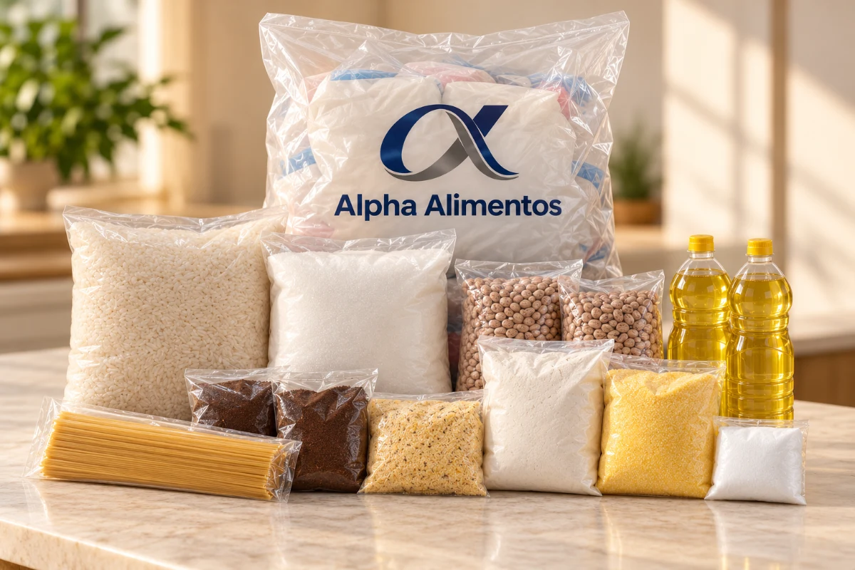Cena editorial ilustrativa do modelo Alpha, com produtos em embalagens neutras à frente do saco plástico Alpha Alimentos