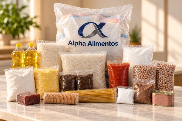 Cena editorial ilustrativa do modelo Condomínio, com produtos em embalagens neutras à frente do saco plástico Alpha Alimentos