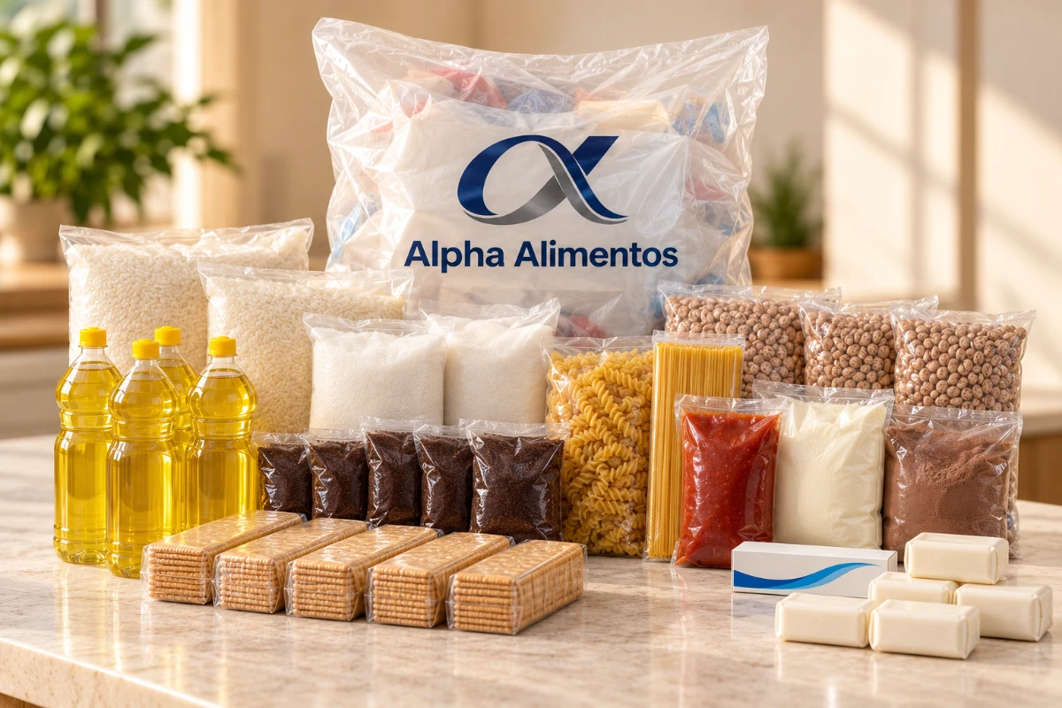 Cena editorial ilustrativa do modelo Construção Civil, com produtos em embalagens neutras à frente do saco plástico Alpha Alimentos