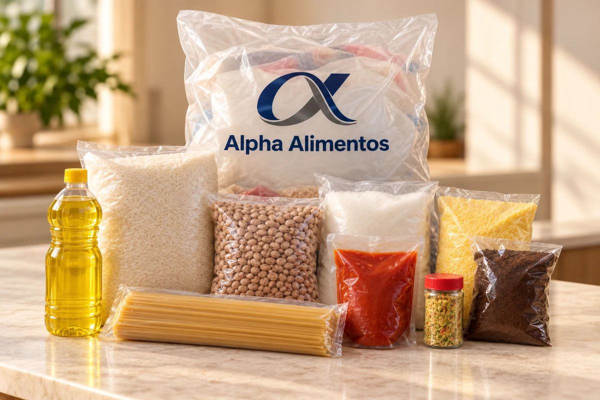 Cena editorial ilustrativa do modelo Doação, com produtos em embalagens neutras à frente do saco plástico Alpha Alimentos