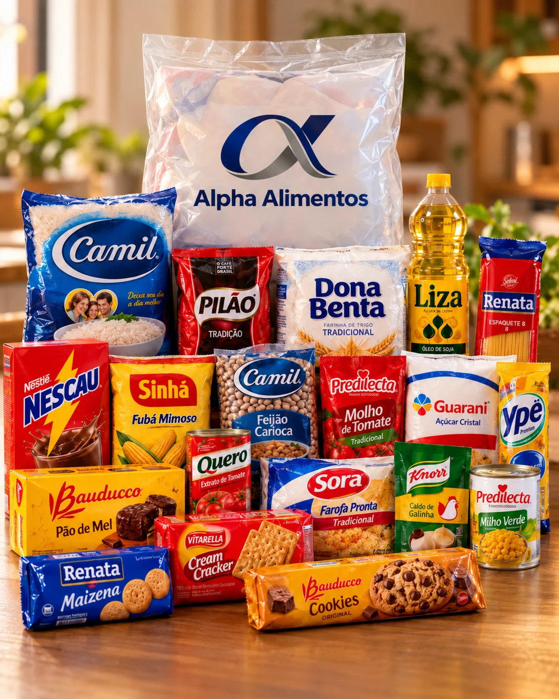 Ilustração gerada por IA do modelo Alpha, com saco Alpha Alimentos e produtos ilustrativos