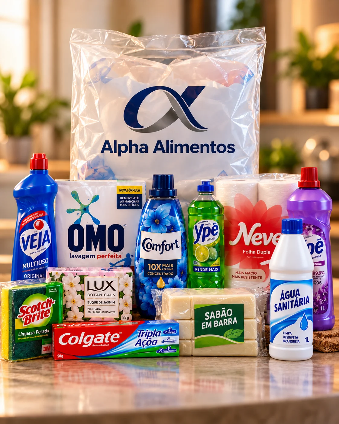 Ilustração gerada por IA do modelo Limpeza, com saco Alpha Alimentos e produtos ilustrativos