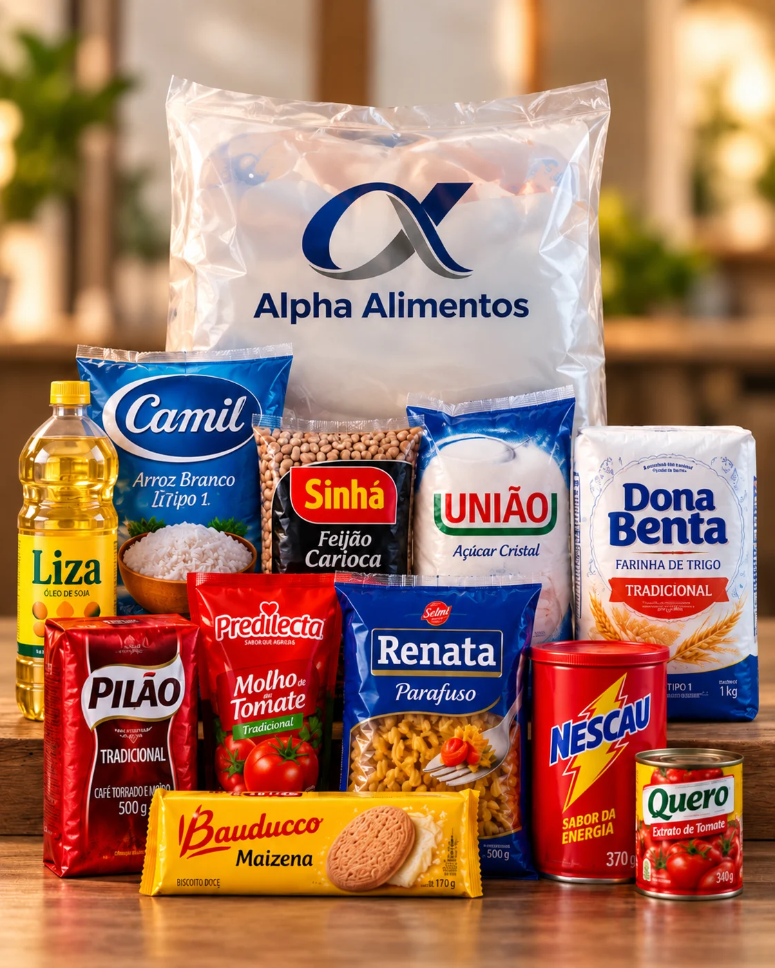 Ilustração gerada por IA do modelo Sugestão do Mês, com saco Alpha Alimentos e produtos ilustrativos
