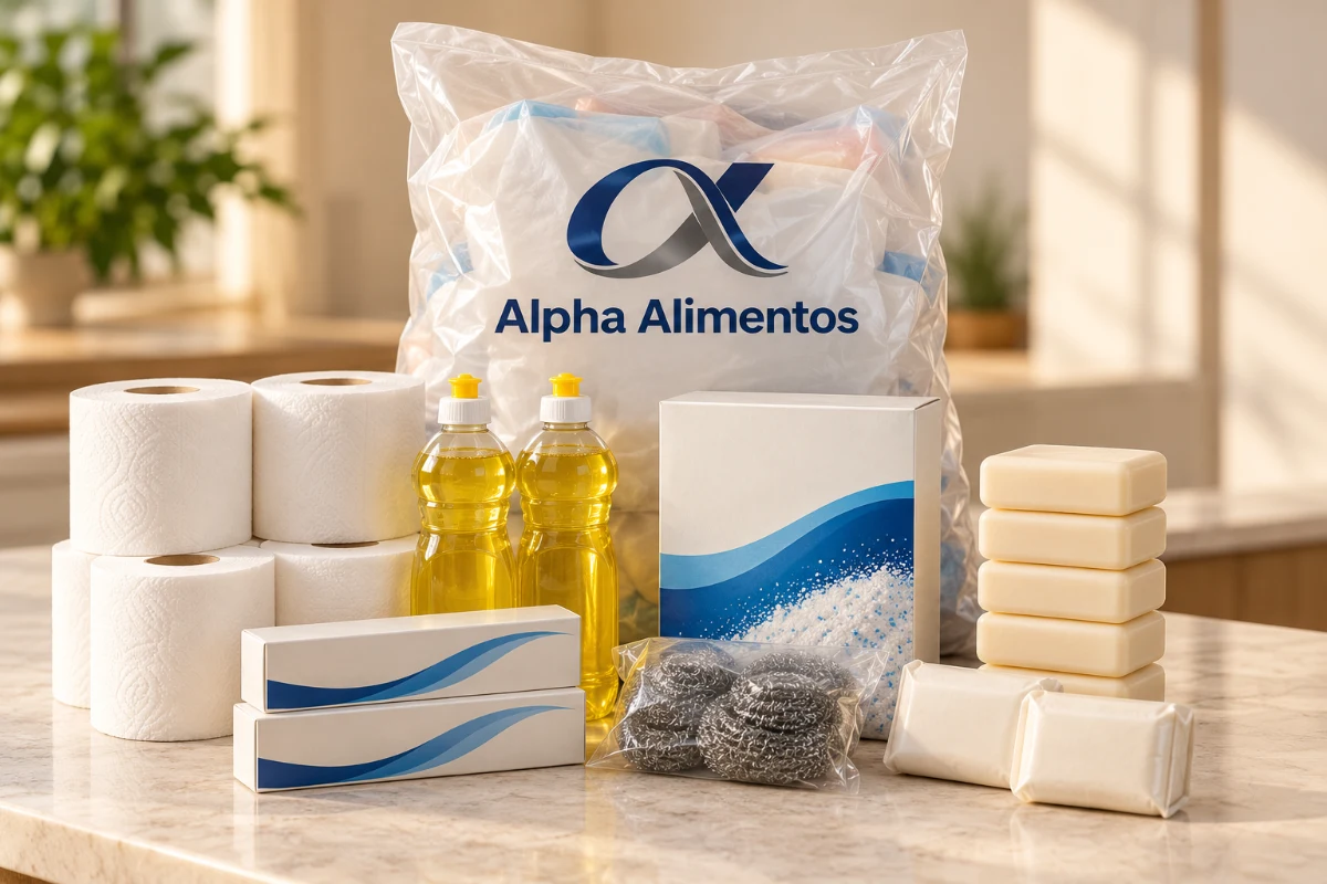 Cena editorial ilustrativa do modelo Limpeza, com produtos em embalagens neutras à frente do saco plástico Alpha Alimentos