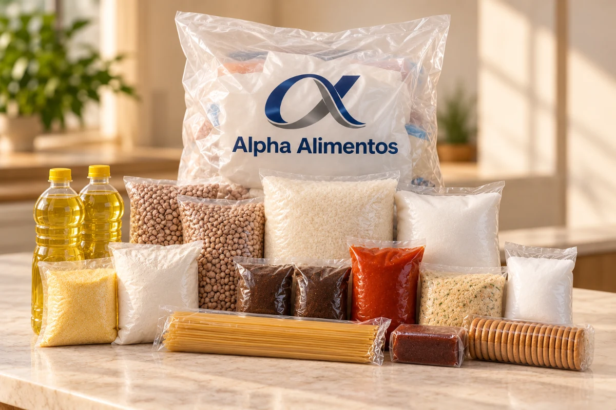 Cena editorial ilustrativa do modelo Sugestão do Mês, com produtos em embalagens neutras à frente do saco plástico Alpha Alimentos