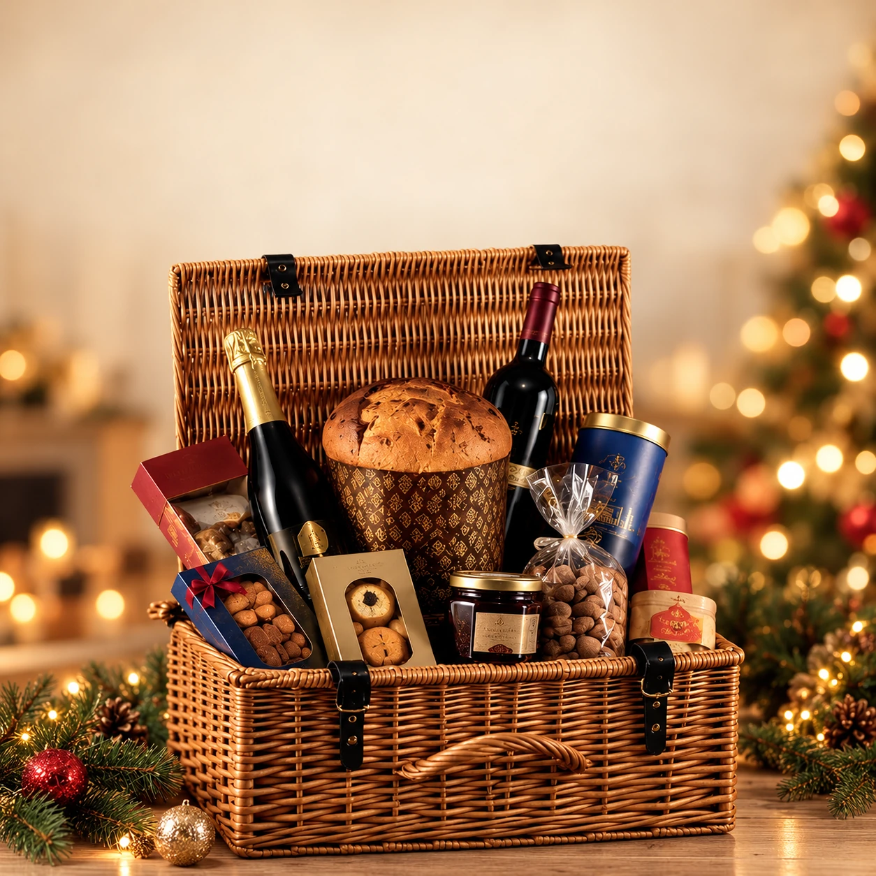 Composição visual ambientada a partir da fotografia oficial de cesta de Natal