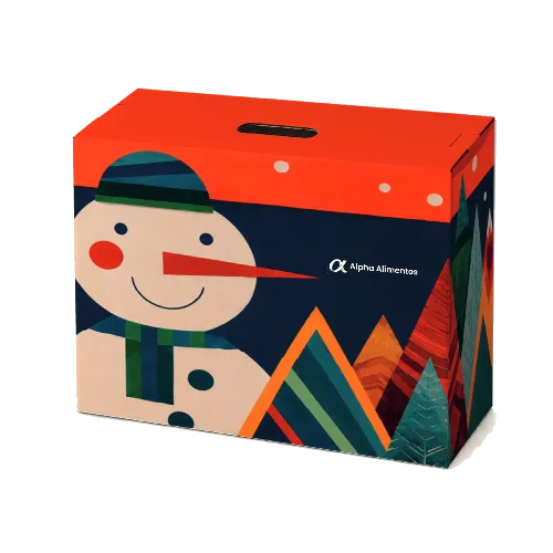 Boneco de Neve: embalagem natalina original do folder 2026, com marca institucional adaptada para Alpha