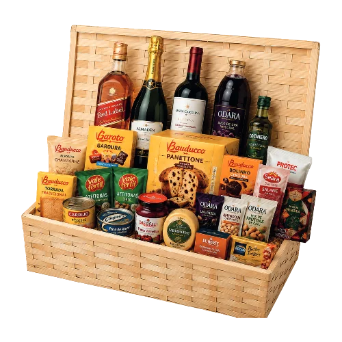Presente de Natal: apresentação original em caixa de vime com produtos de fabricantes do folder 2026